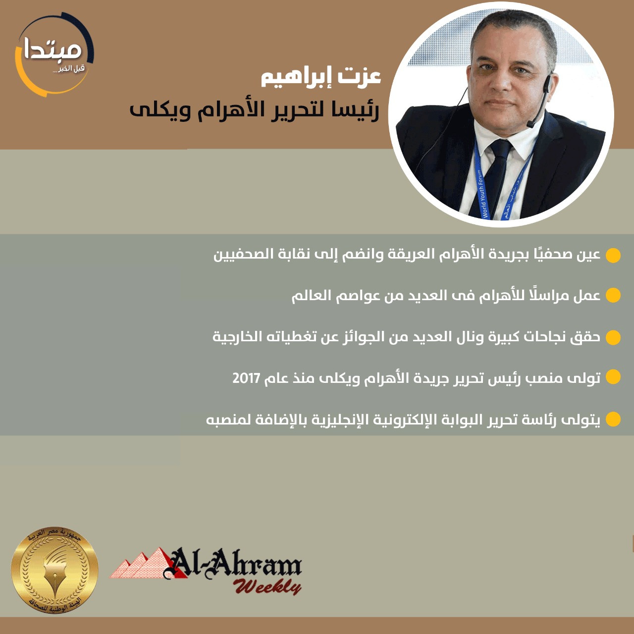 5 معلومات عن عزت إبراهيم رئيس تحرير الأهرام ويكلى | مبتدا